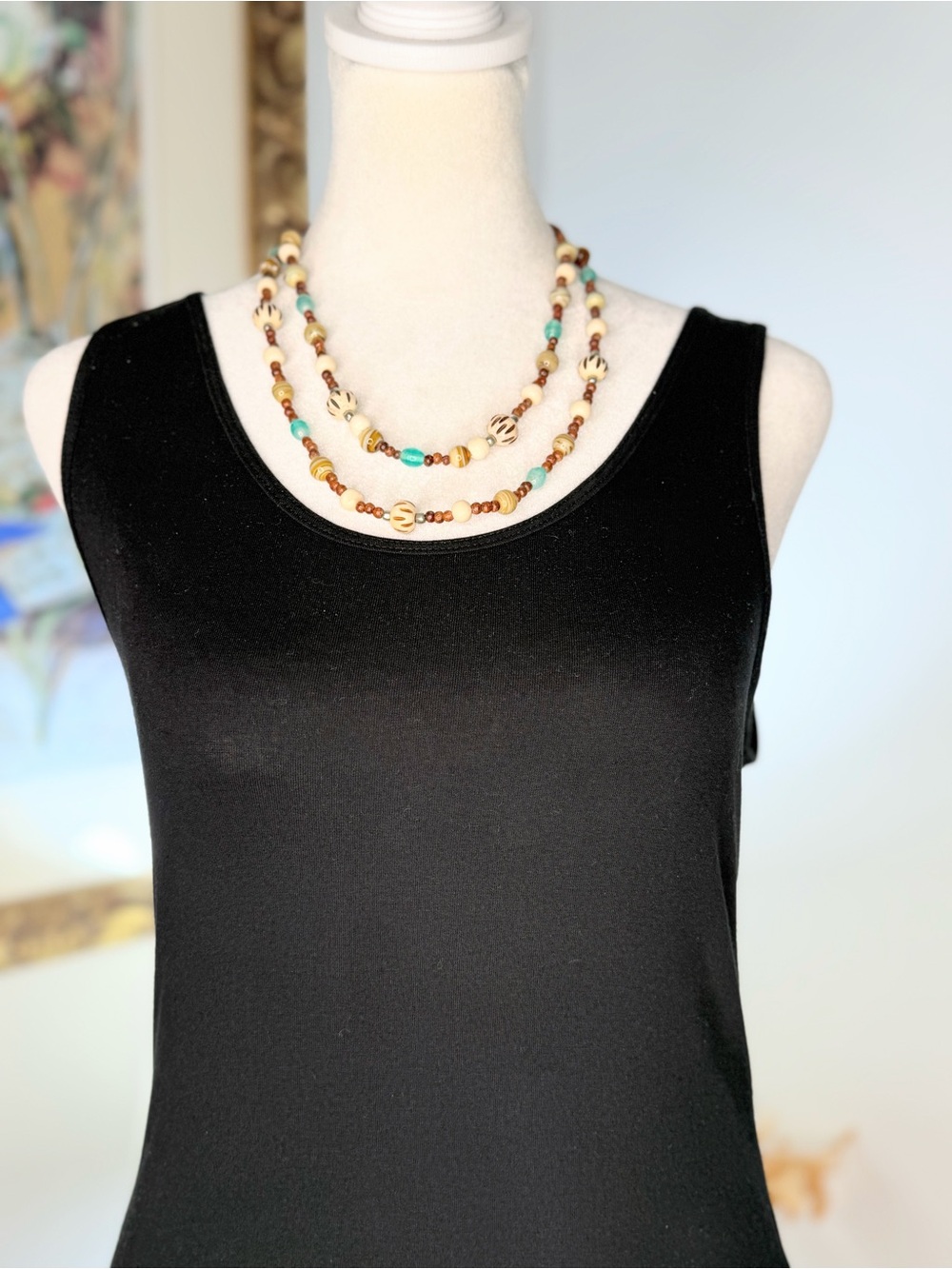 NY Double Strand Wood Bead Necklace Turquoise Brown Boho Tribal 19”